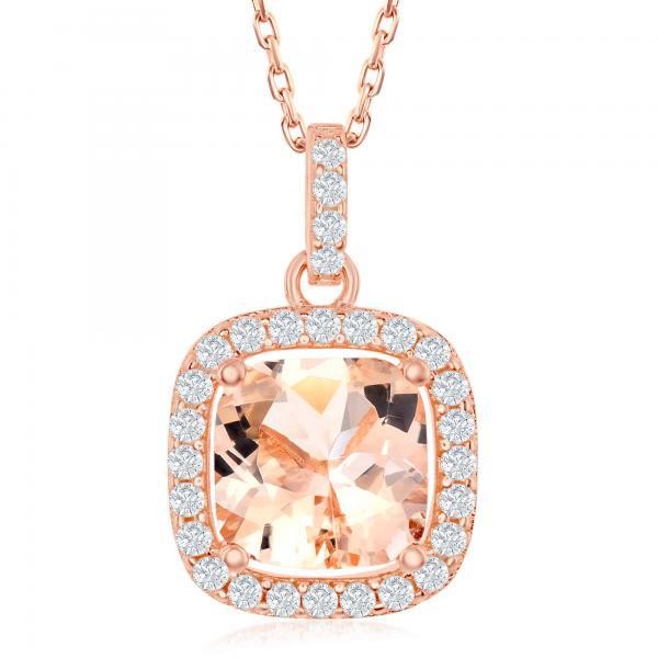 Morganite CZ square pendant on 18" chain.  Rose Gold  Plate over sterling silver.
