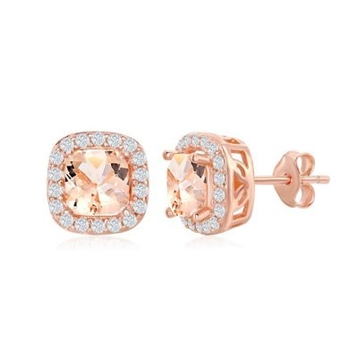 Morganite CZ square earrings.  Rose Gold  Plate over sterling silver.