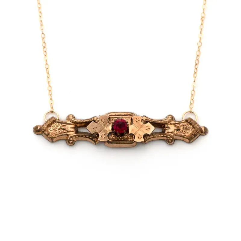 14kt Gold filled Red Paste Stone Bar Pin Necklace