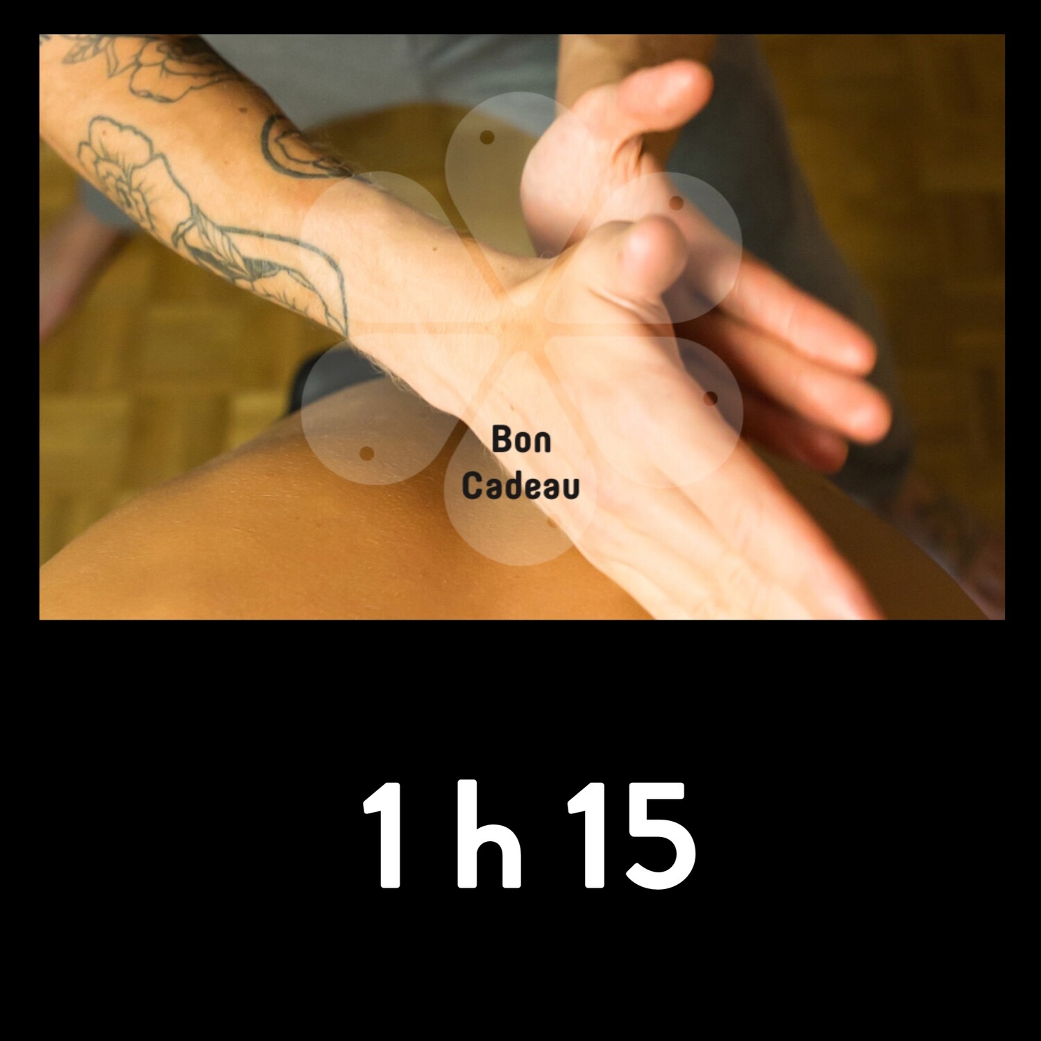 Carte cadeau pour un massage d' 1h15 au choix (à définir lors du temps d’accueil offert de 30 min supplémentaires au massage afin de le personnaliser au mieux) Carte cadeau pour un massage d' 1h15 au choix (à définir lors du temps d’accueil offert de 30 min supplémentaires au massage afin de le personnaliser au mieux)