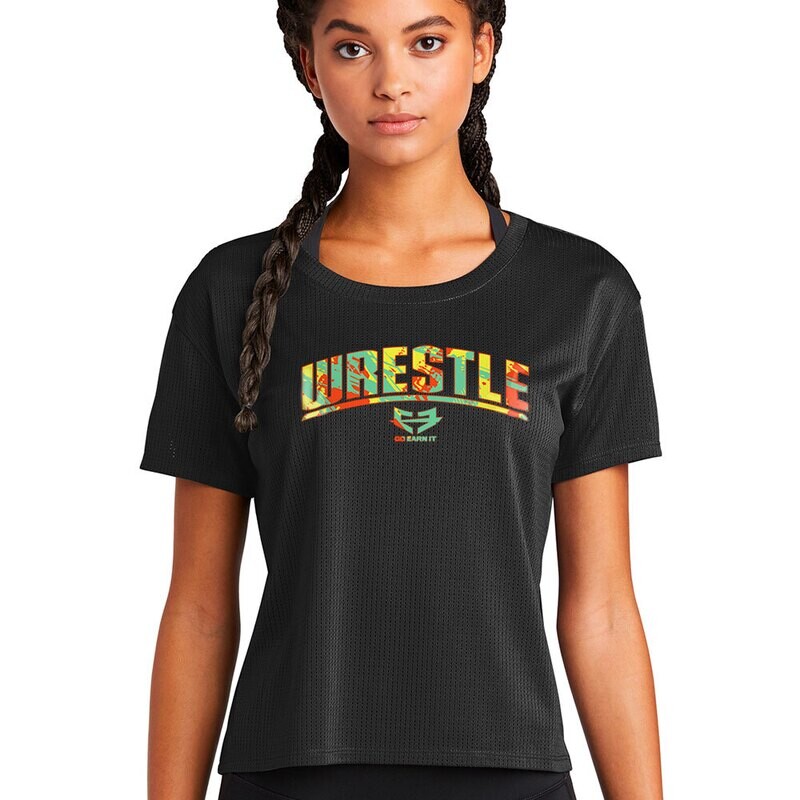 WRESTLE - MESH CROP TEE - Orange Green Yellow