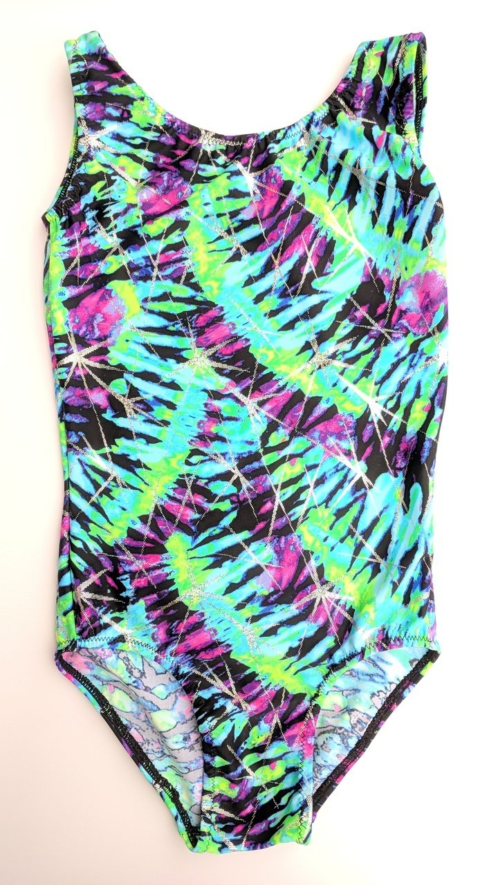 Abstract print aqua, black, purple, green. Leotard, scrunchie and matching grip bag Abstract print aqua, black, purple, green. Leotard, scrunchie and matching grip bag