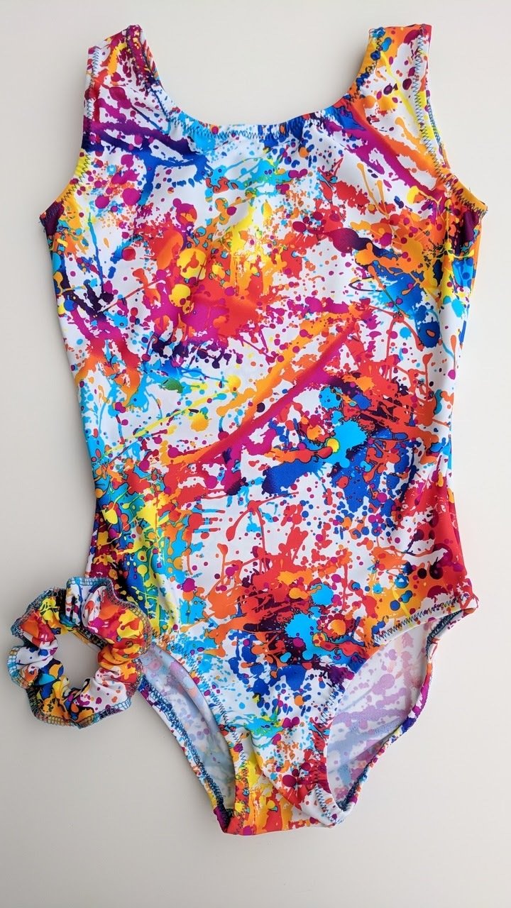 Abstract print mix colors. Leotard, scrunchie and matching grip bag Abstract print mix colors. Leotard, scrunchie and matching grip bag