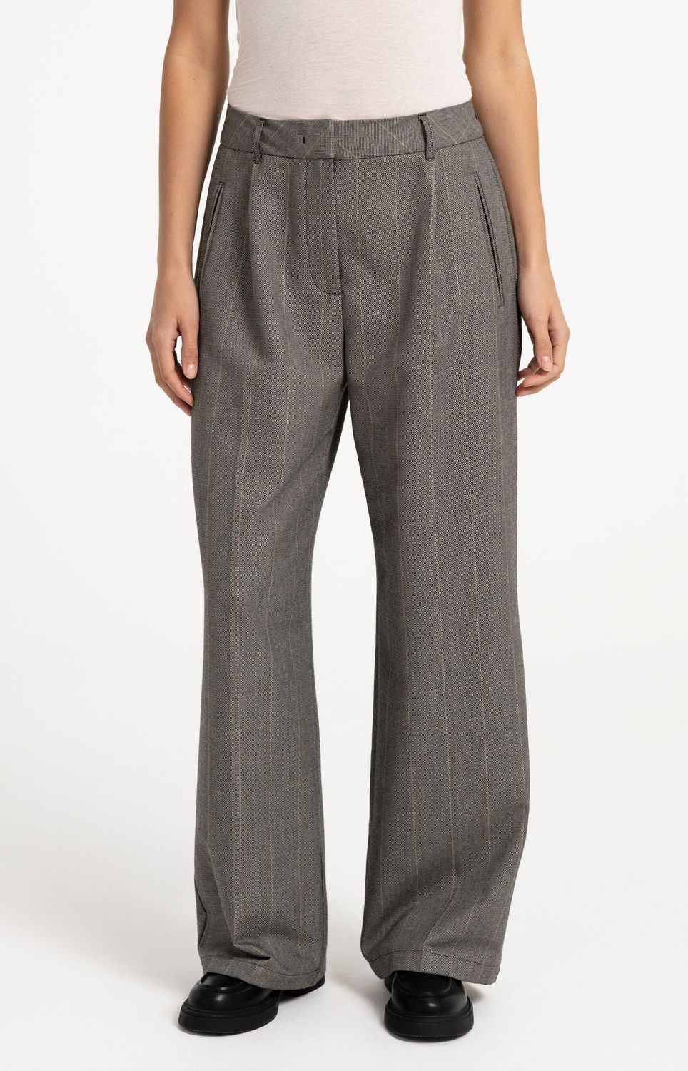 Woven Wide Leg Check Trousers with Pleat Details - Hole Black Dessin