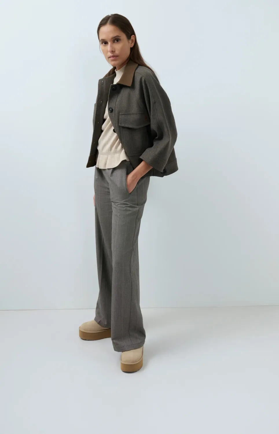 Woven Wide Leg Check Trousers with Pleat Details - Hole Black Dessin