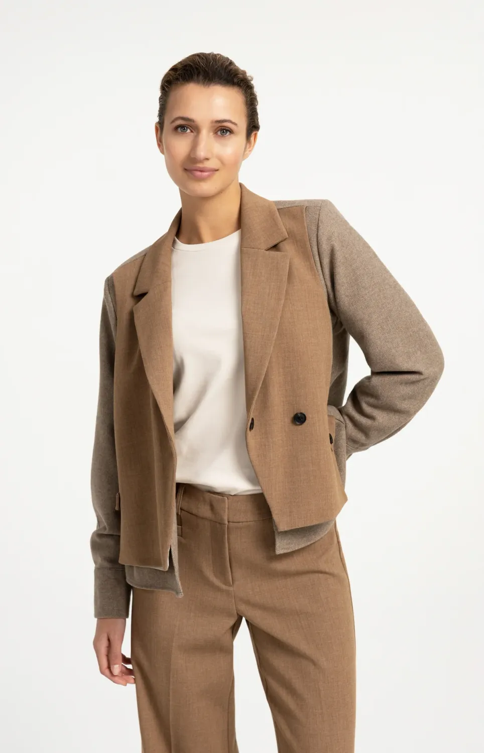 Blazer with Contrast Fabric and Loose Fit - Otter Brown Melange
