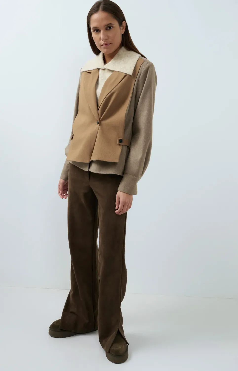 Blazer with Contrast Fabric and Loose Fit - Otter Brown Melange