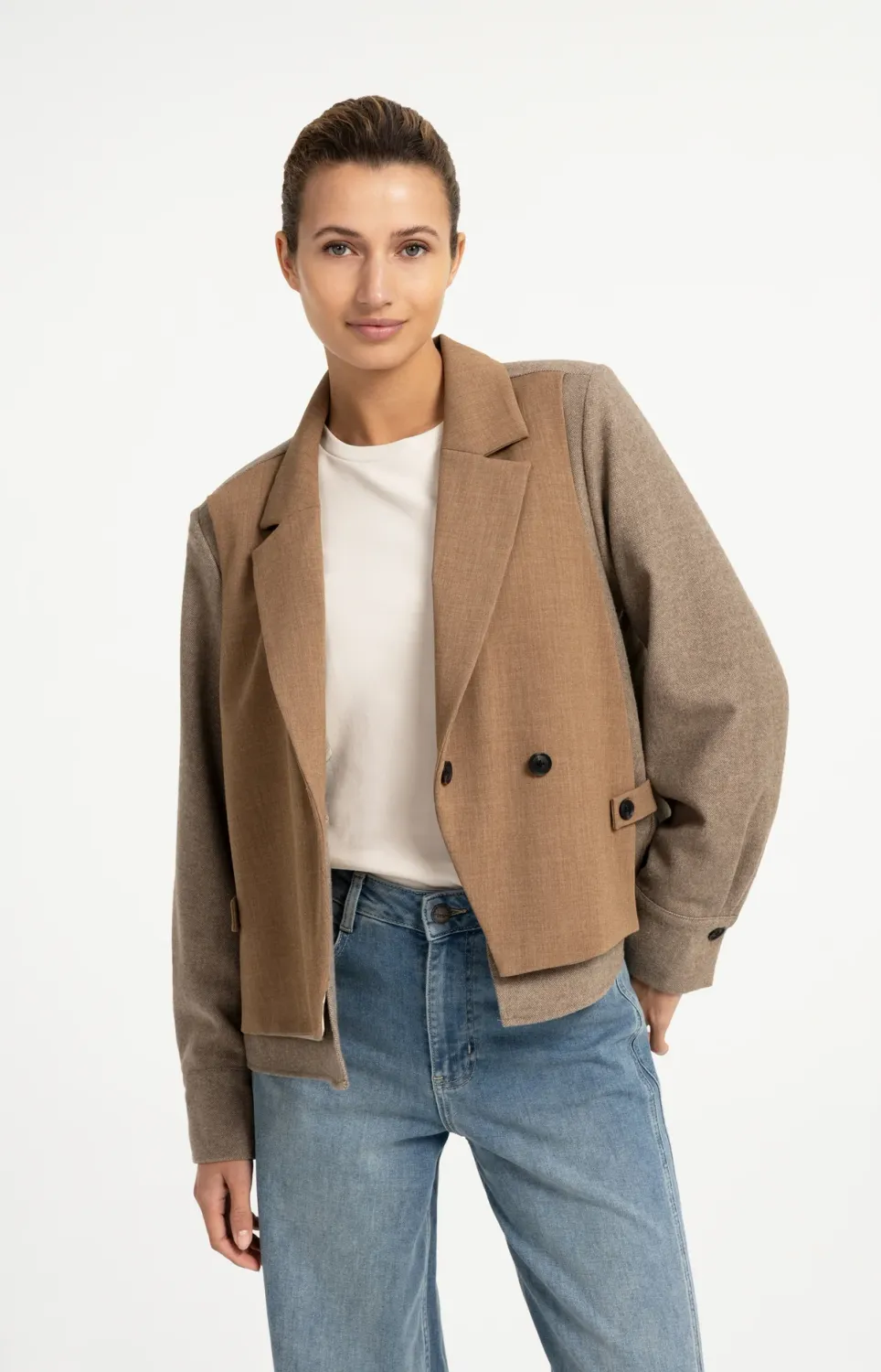 Blazer with Contrast Fabric and Loose Fit - Otter Brown Melange