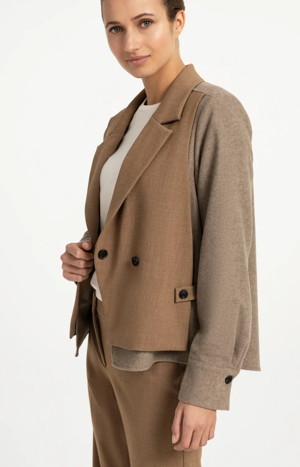 Blazer with Contrast Fabric and Loose Fit - Otter Brown Melange