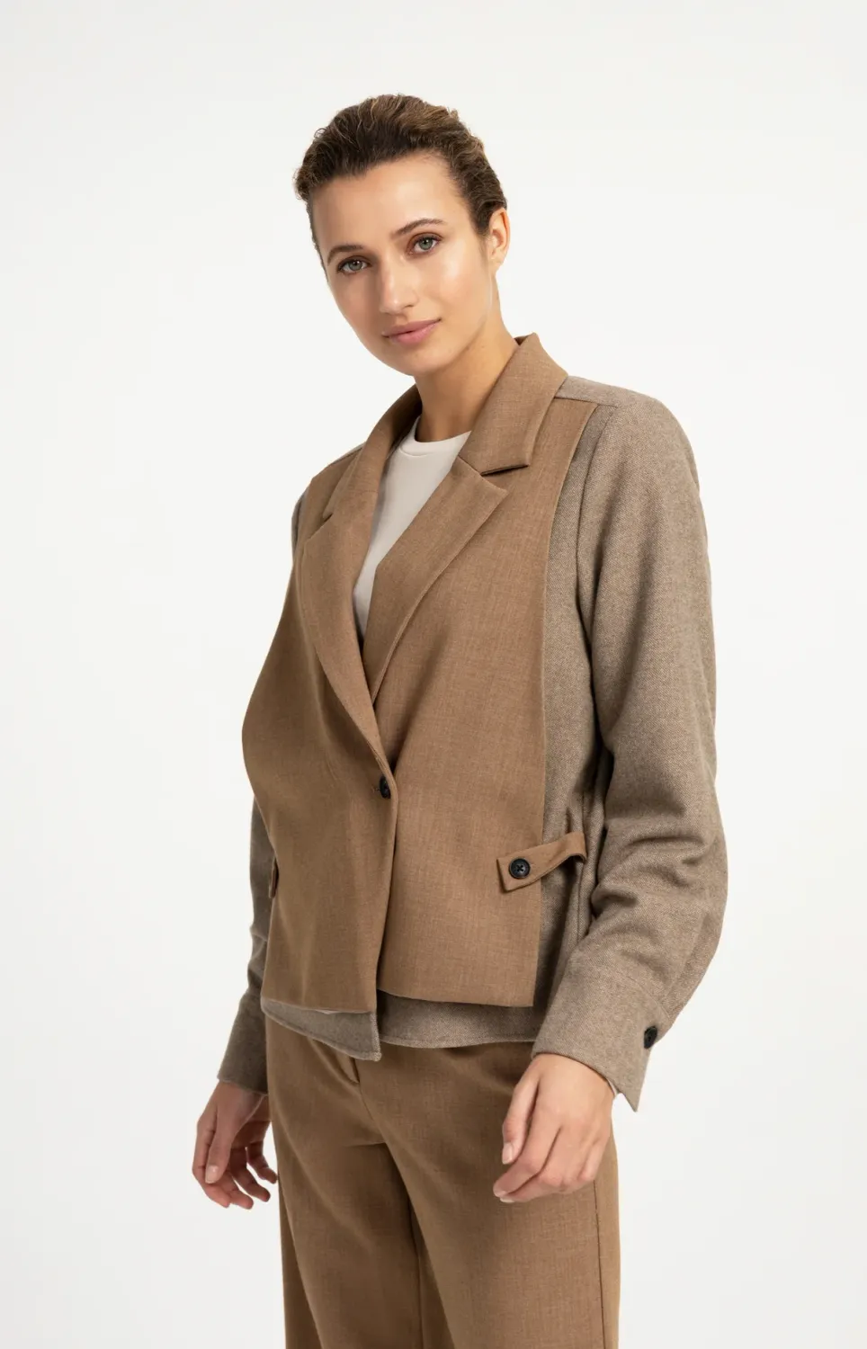 Blazer with Contrast Fabric and Loose Fit - Otter Brown Melange