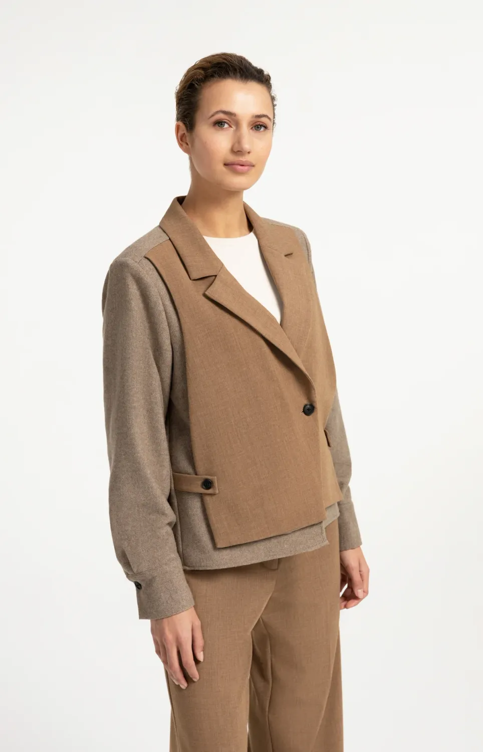 Blazer with Contrast Fabric and Loose Fit - Otter Brown Melange