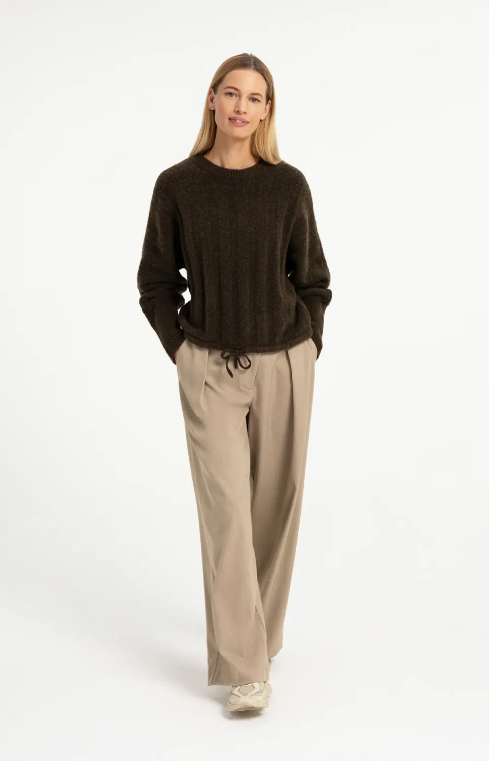 Sweater with Batwing Sleeves and Drawcord at the Hem - Slate Black Brown Melange