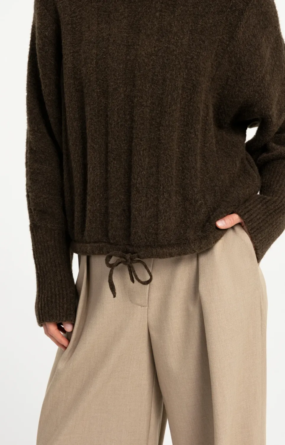 Sweater with Batwing Sleeves and Drawcord at the Hem - Slate Black Brown Melange