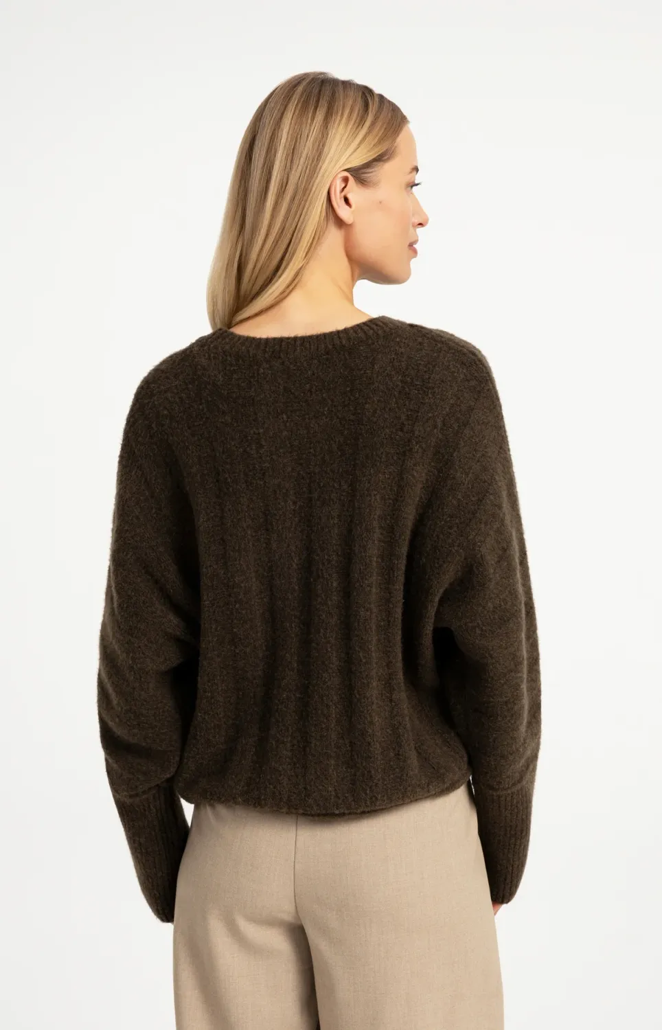 Sweater with Batwing Sleeves and Drawcord at the Hem - Slate Black Brown Melange