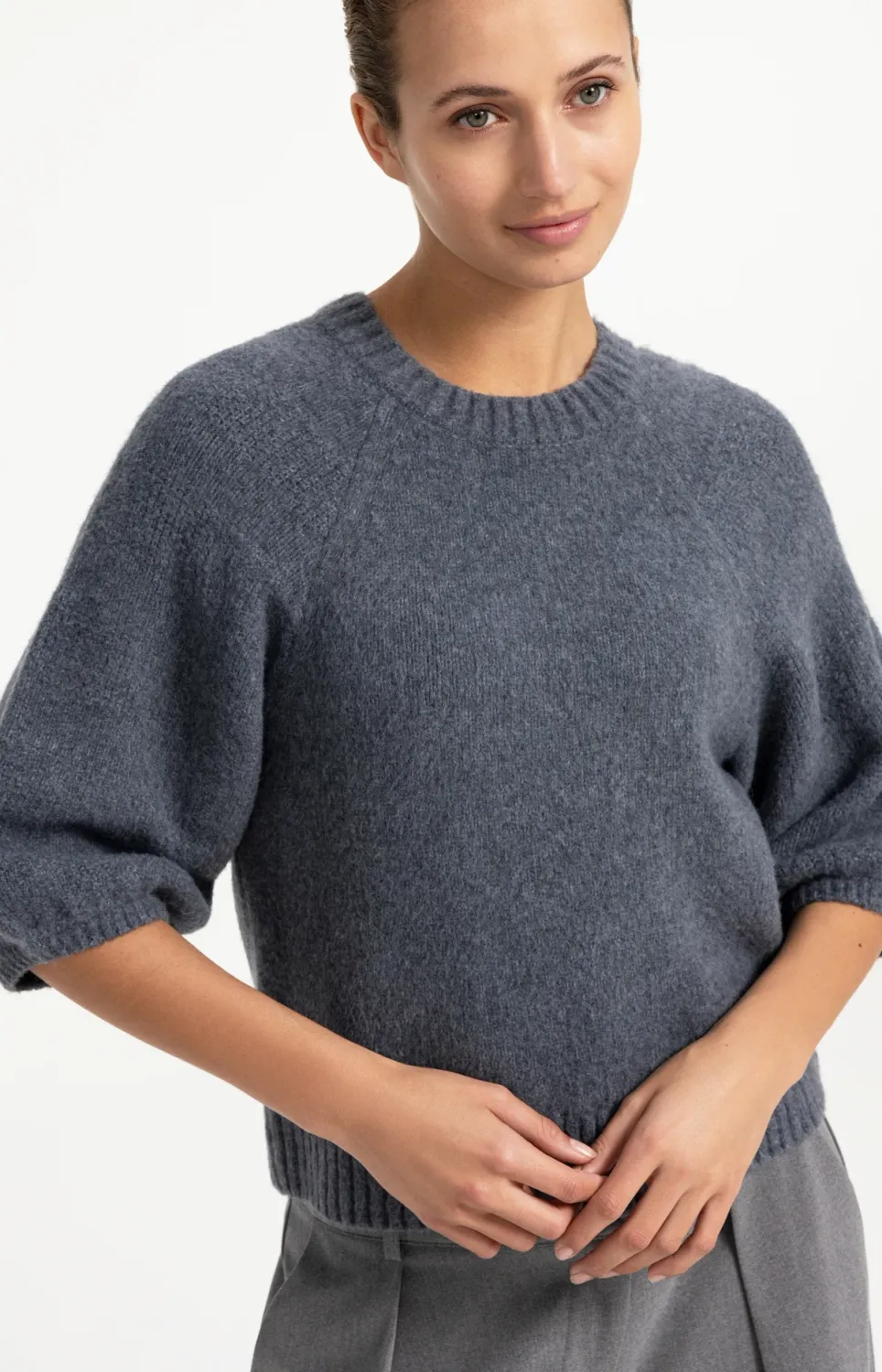 Knitted Sweater with Balloon Sleeves - Arctic Seal Grey Melange