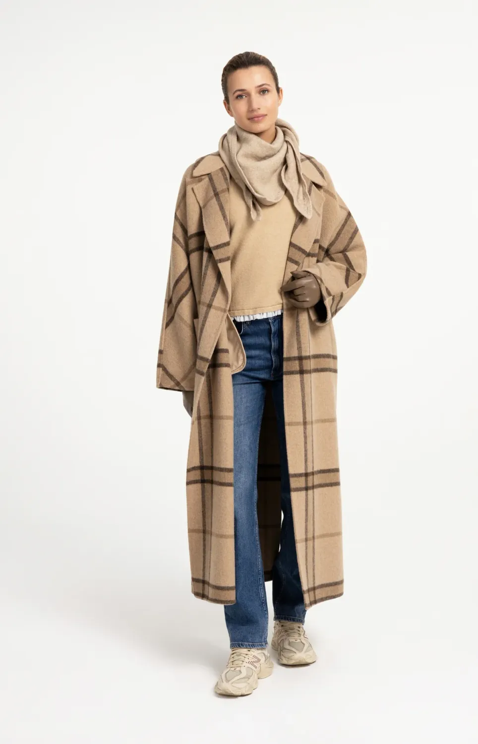 Long Woven Wool Mix Check Coat - Cornstalk Brown Dessin