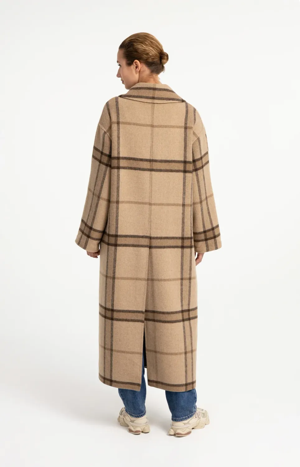 Long Woven Wool Mix Check Coat - Cornstalk Brown Dessin