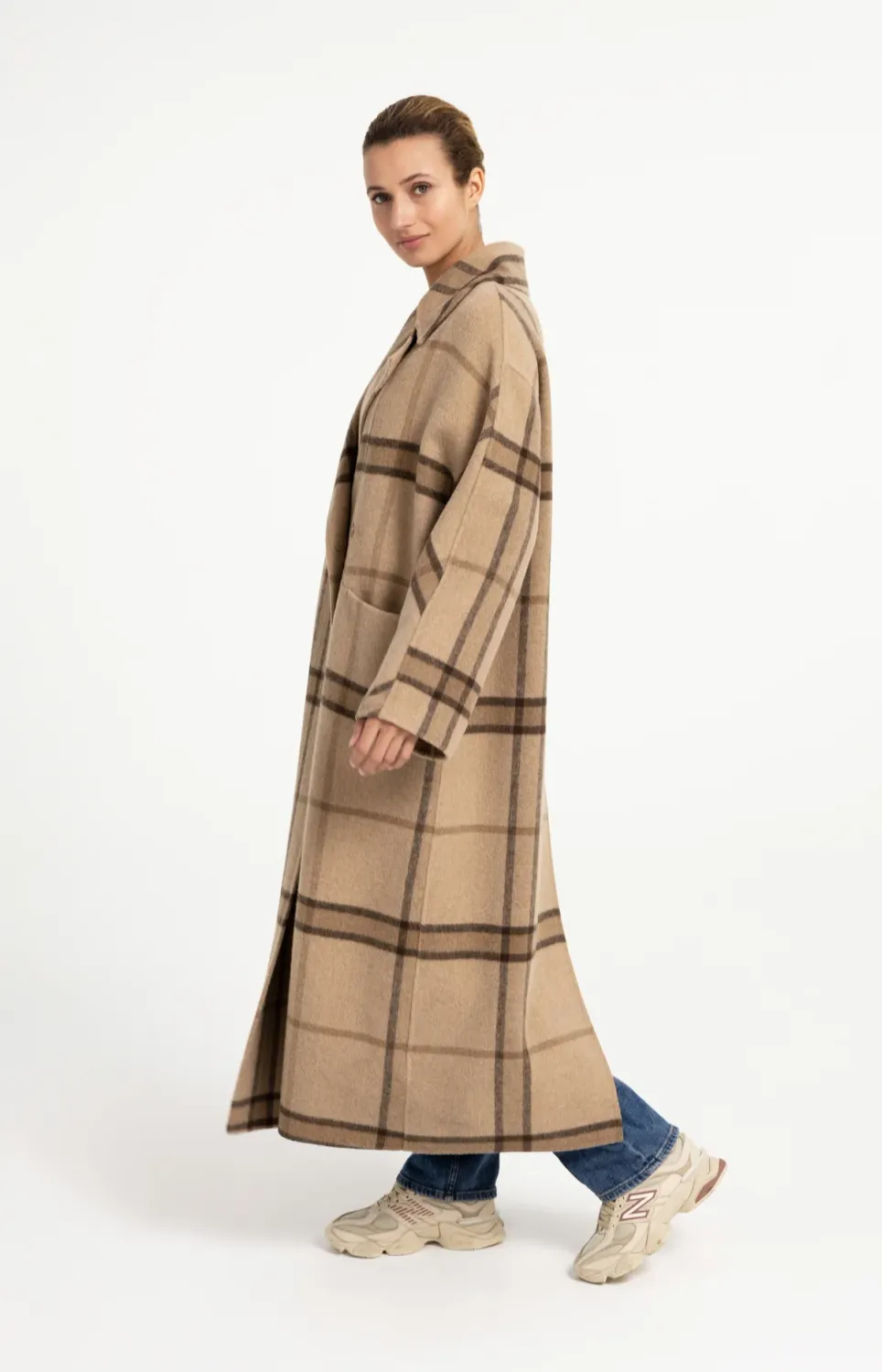 Long Woven Wool Mix Check Coat - Cornstalk Brown Dessin