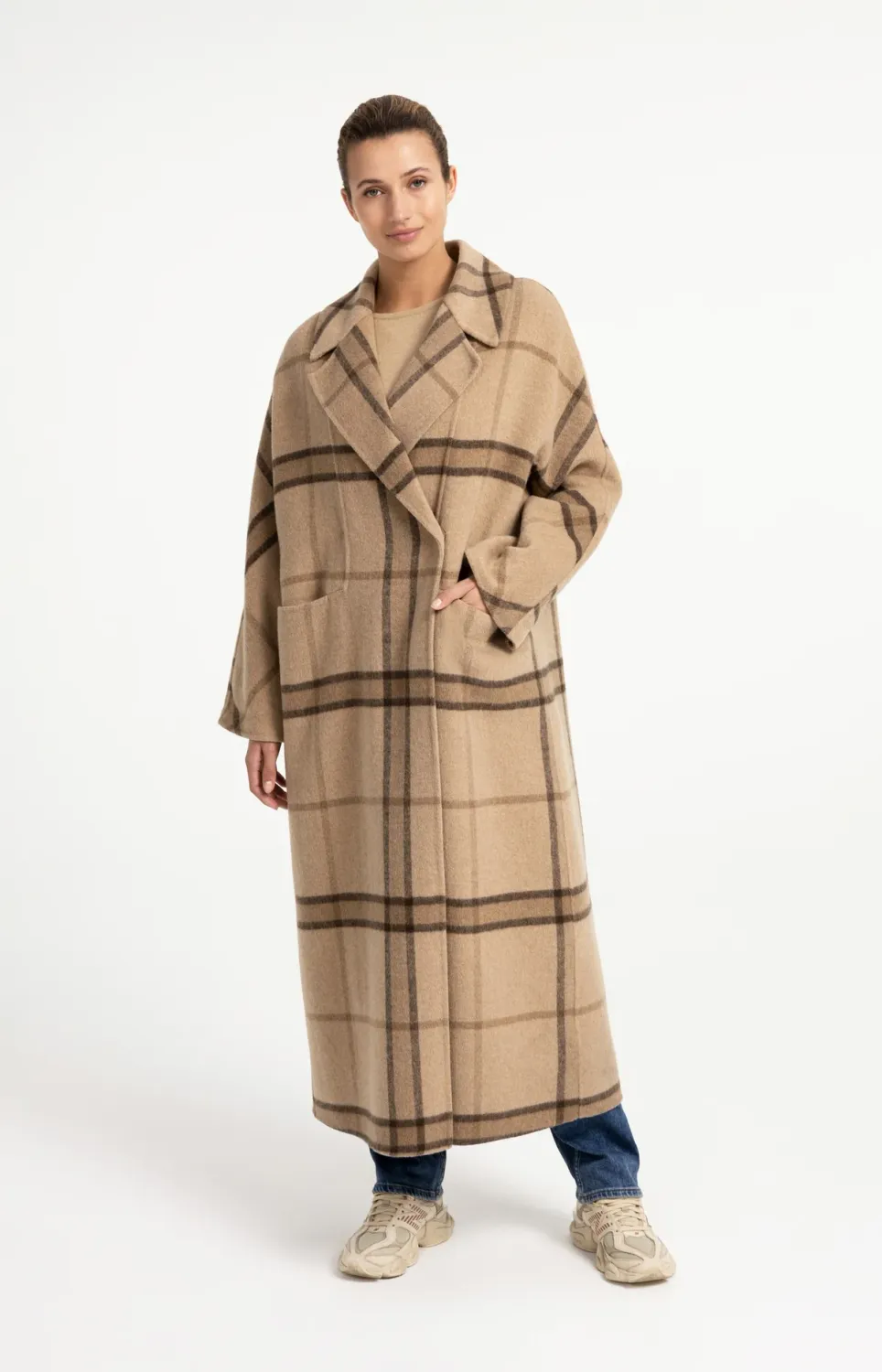 Long Woven Wool Mix Check Coat - Cornstalk Brown Dessin