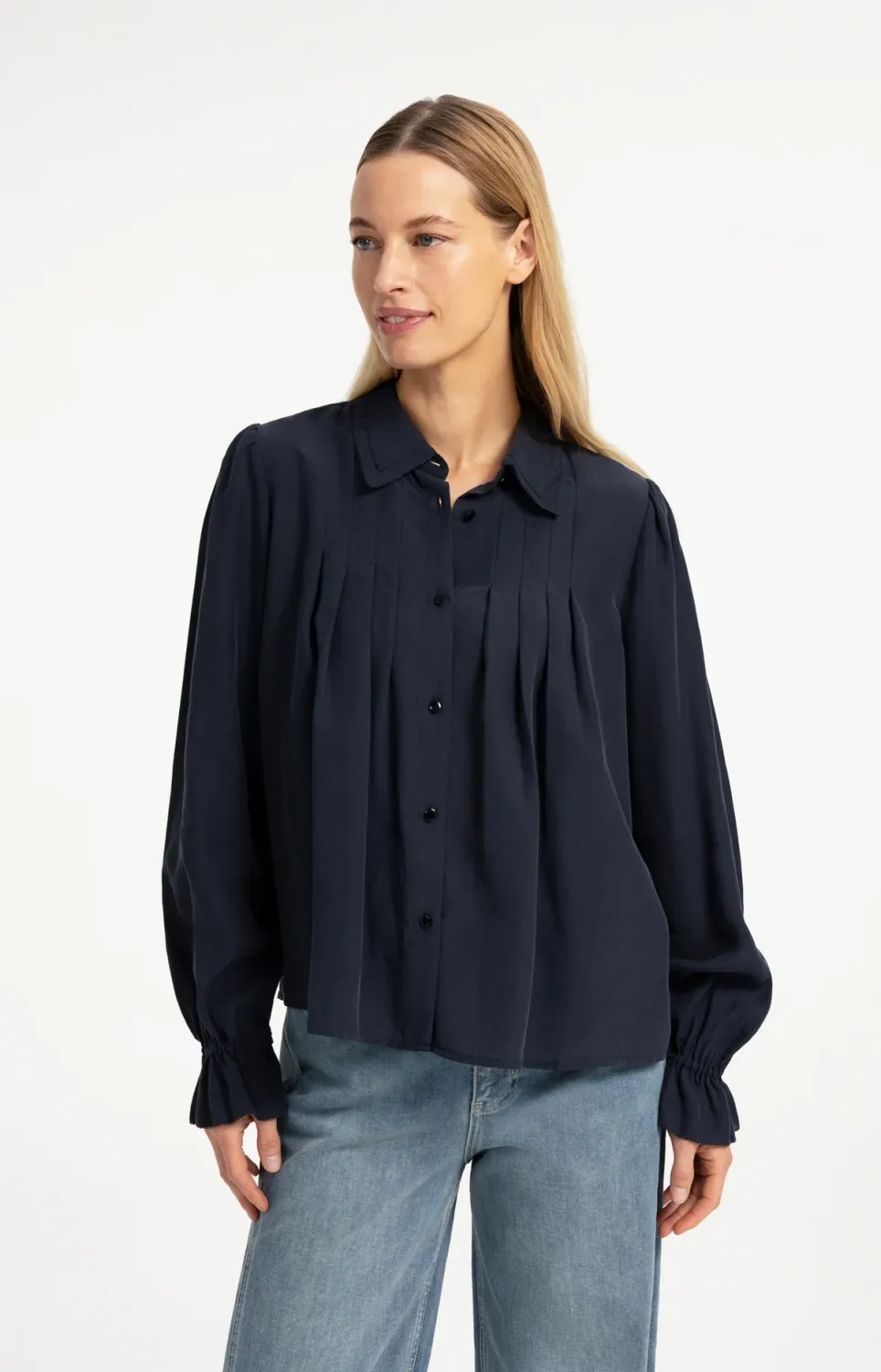 Sheer Blouse with Pleated Details - Cat Black
