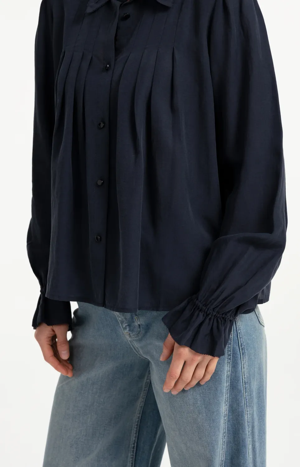 Sheer Blouse with Pleated Details - Cat Black