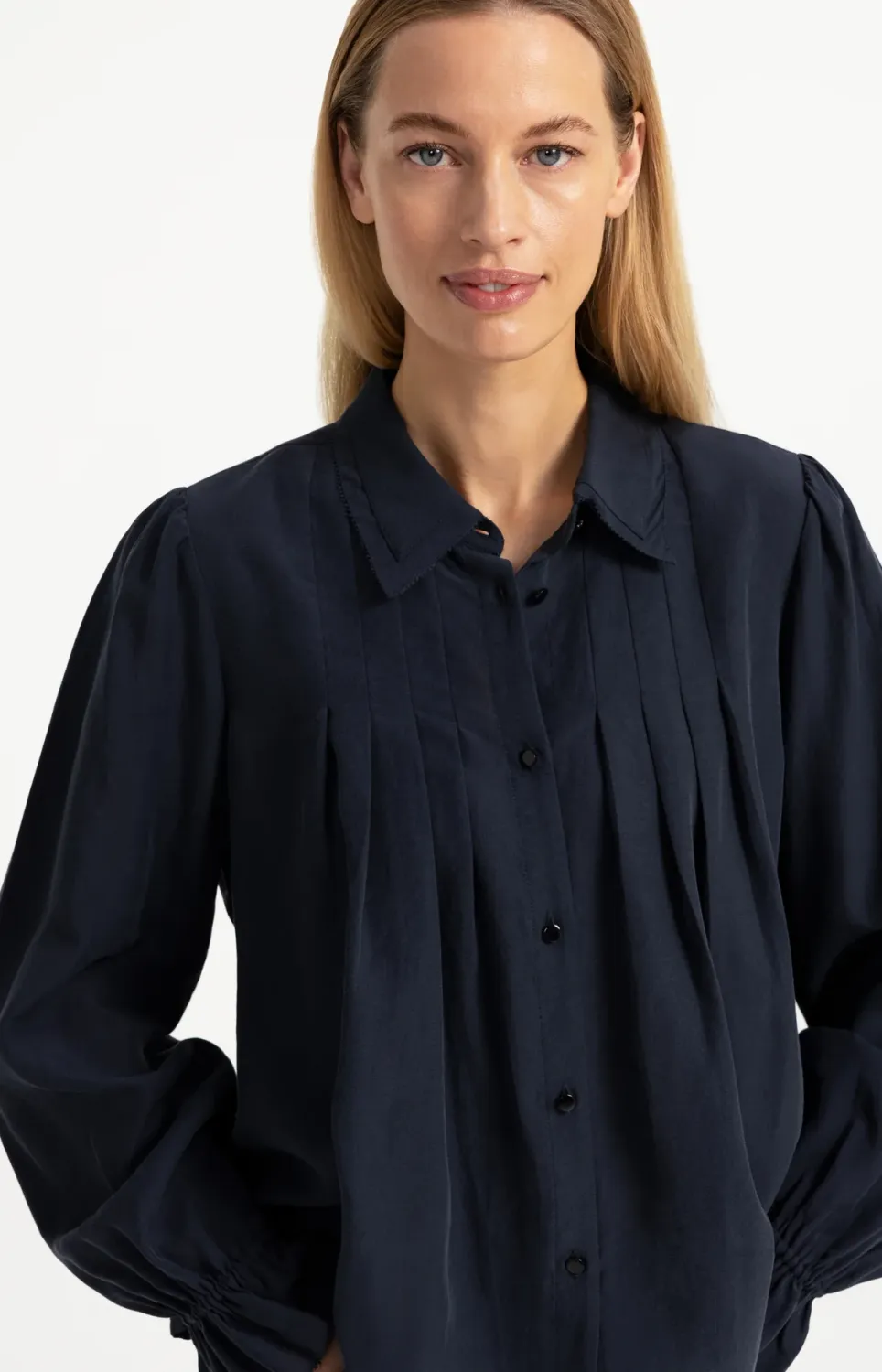 Sheer Blouse with Pleated Details - Cat Black