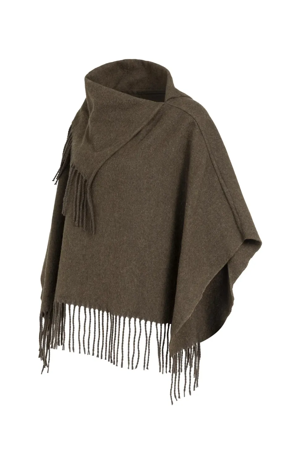 Poncho with High Neck and Twisted Fringes - Slate Black Brown