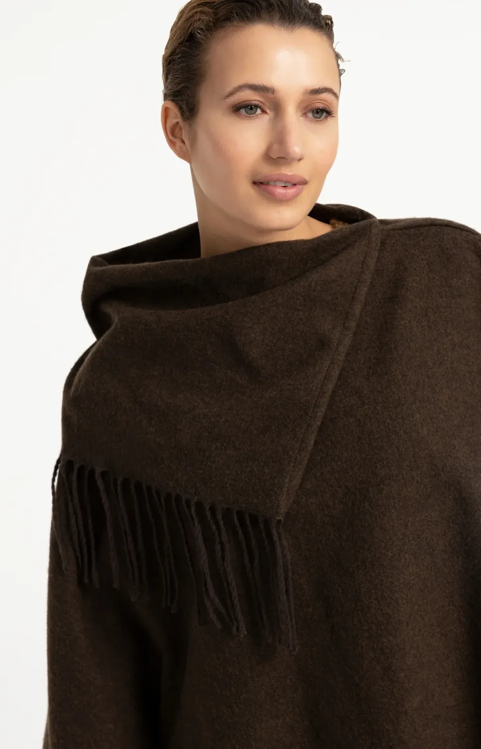 Poncho with High Neck and Twisted Fringes - Slate Black Brown