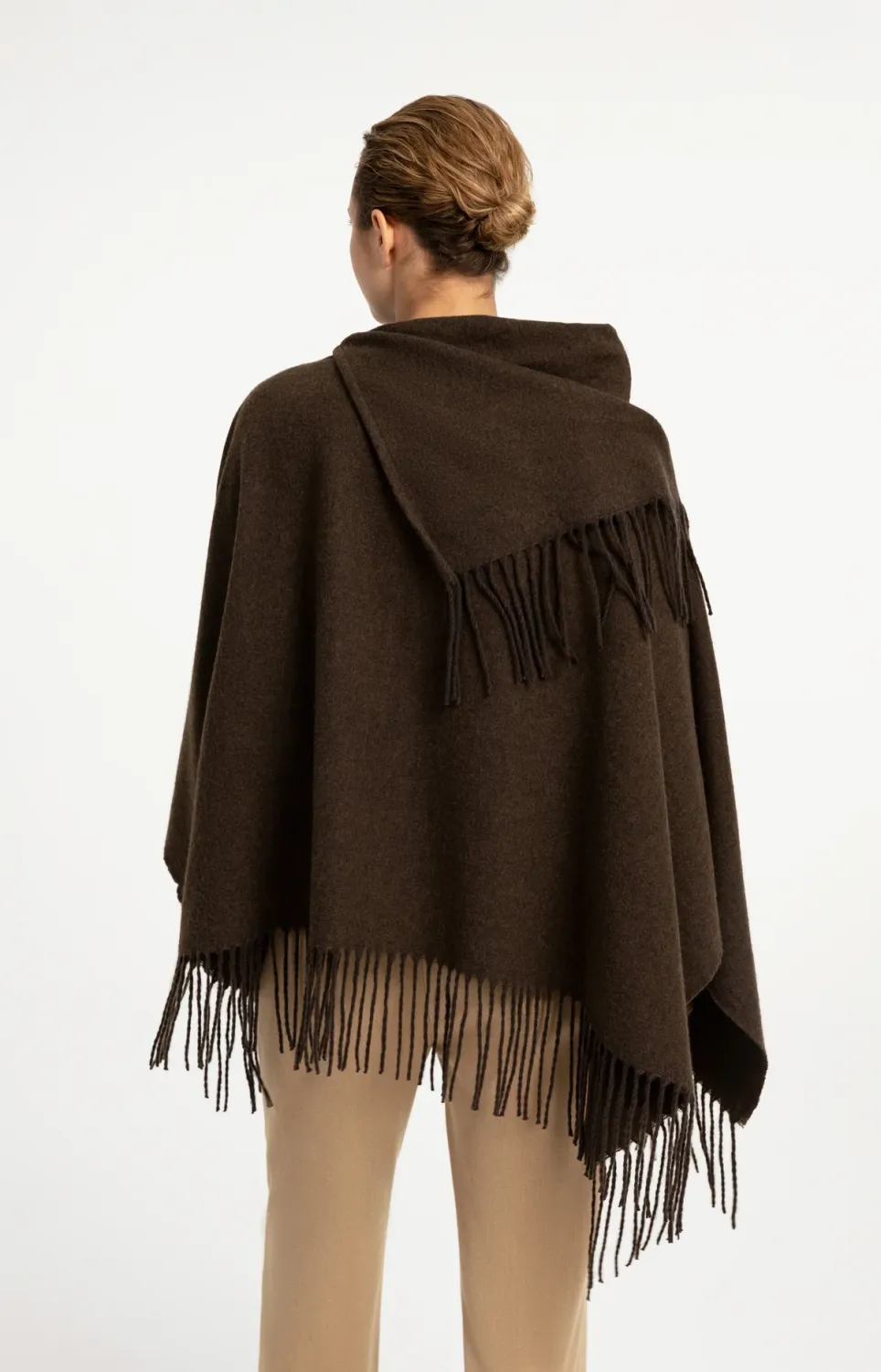 Poncho with High Neck and Twisted Fringes - Slate Black Brown