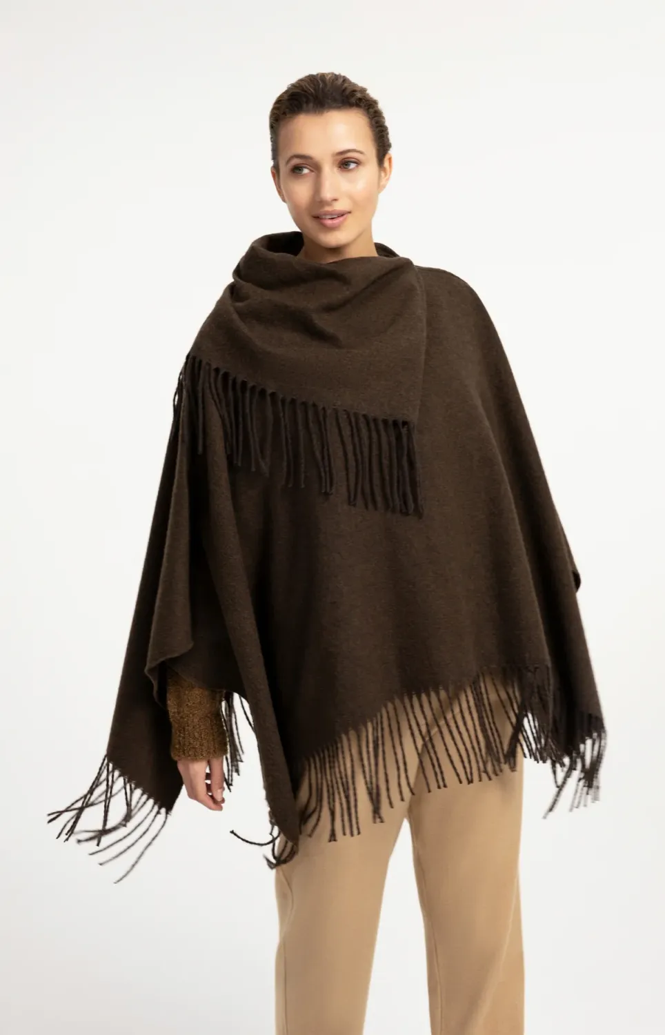 Poncho with High Neck and Twisted Fringes - Slate Black Brown