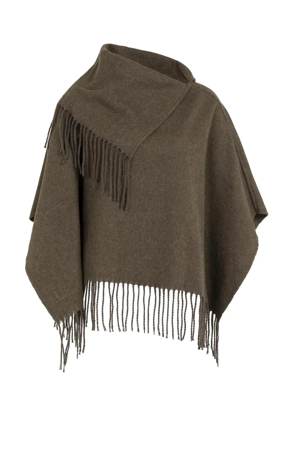 Poncho with High Neck and Twisted Fringes - Slate Black Brown
