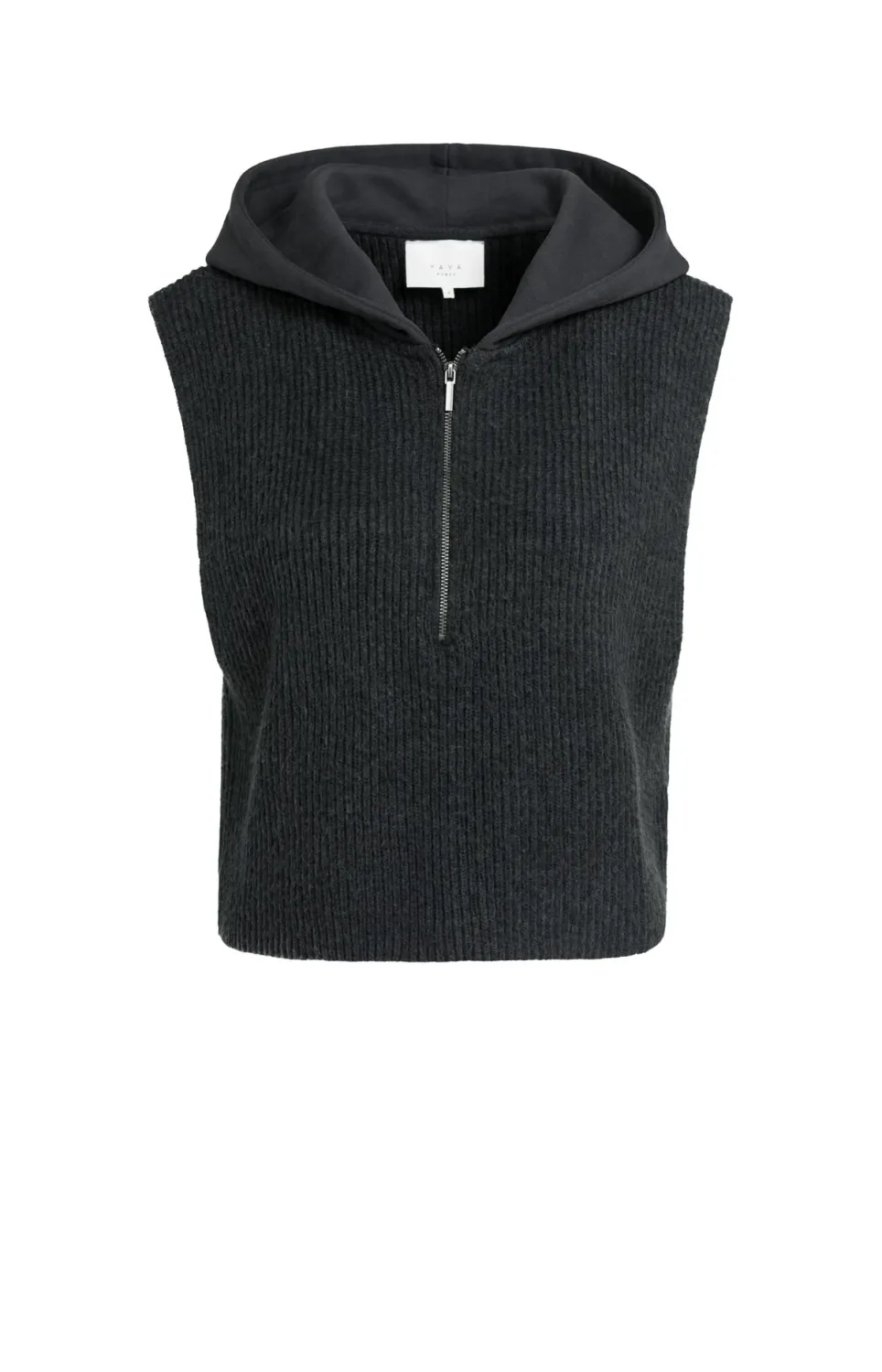 Sleeveless Knitted Top with Jersey Hood - Hole Black