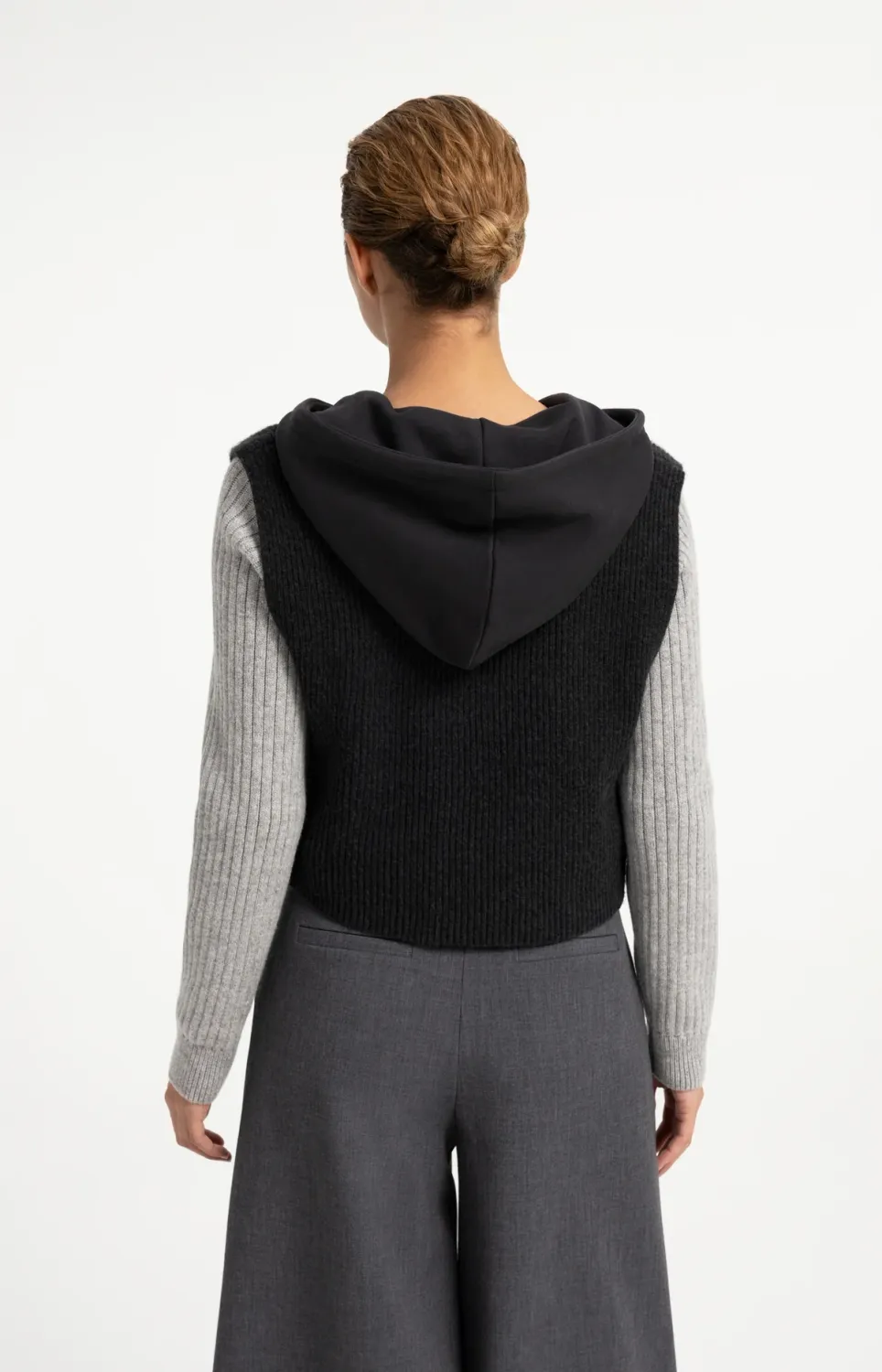 Sleeveless Knitted Top with Jersey Hood - Hole Black