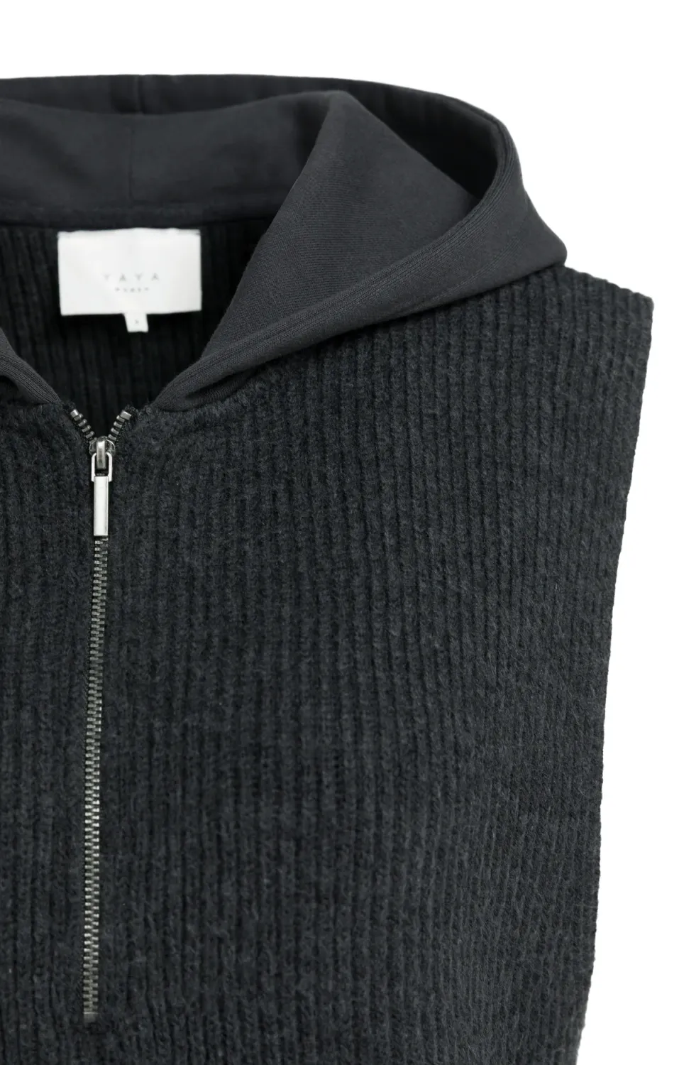 Sleeveless Knitted Top with Jersey Hood - Hole Black
