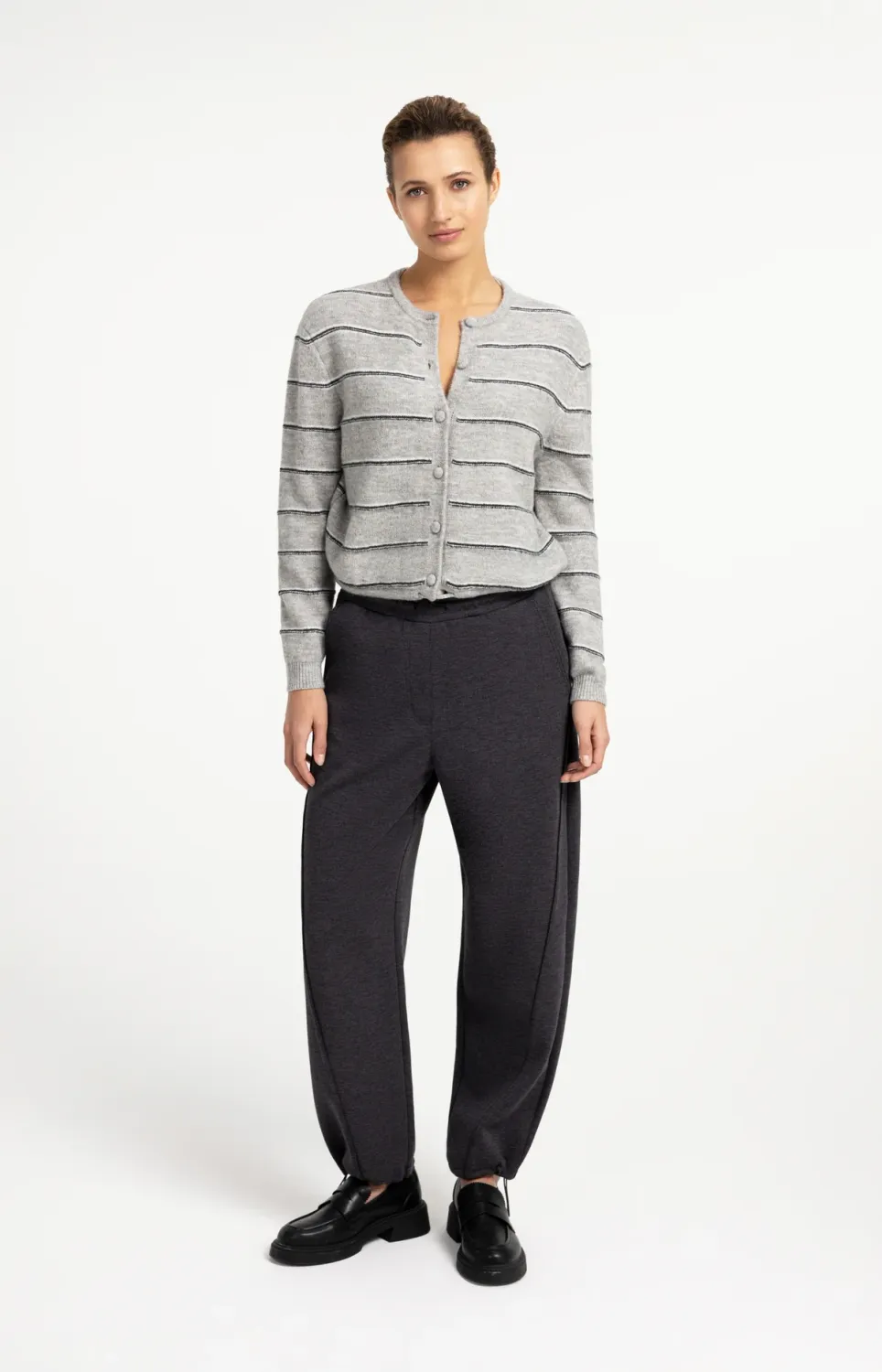Striped Knitted Cardigan with Tie Detail - Medium Grey Melange