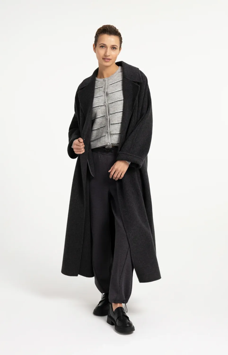 Striped Knitted Cardigan with Tie Detail - Medium Grey Melange