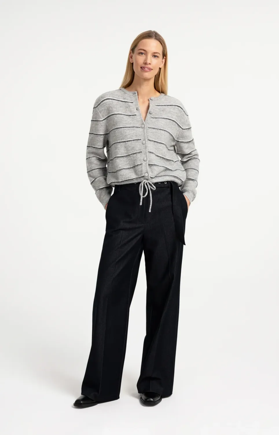 Striped Knitted Cardigan with Tie Detail - Medium Grey Melange