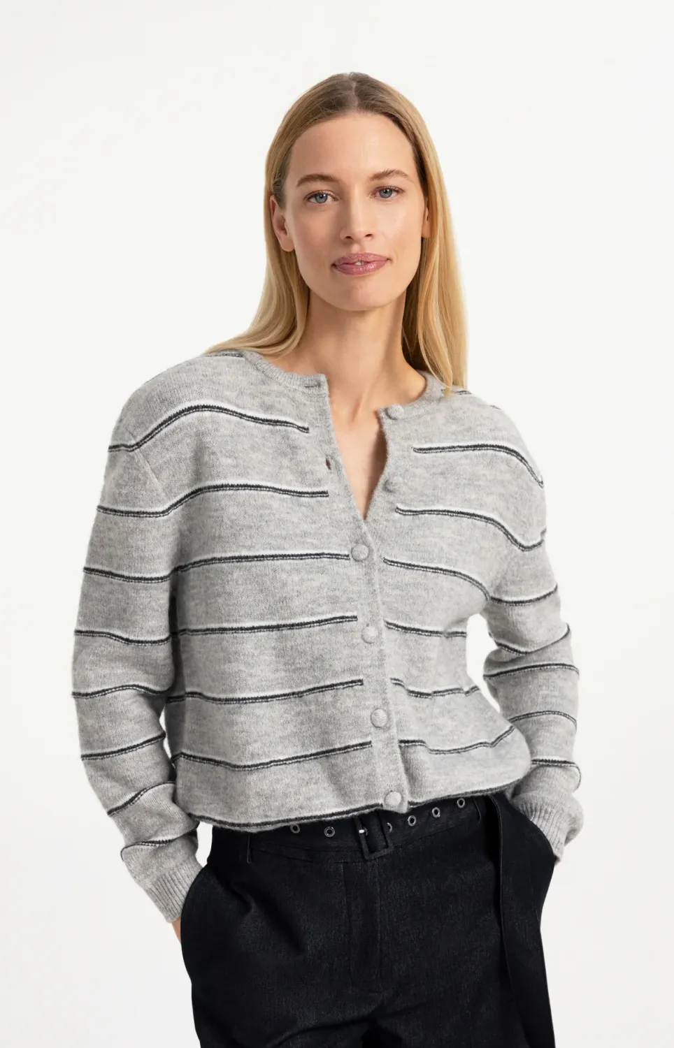 Striped Knitted Cardigan with Tie Detail - Medium Grey Melange