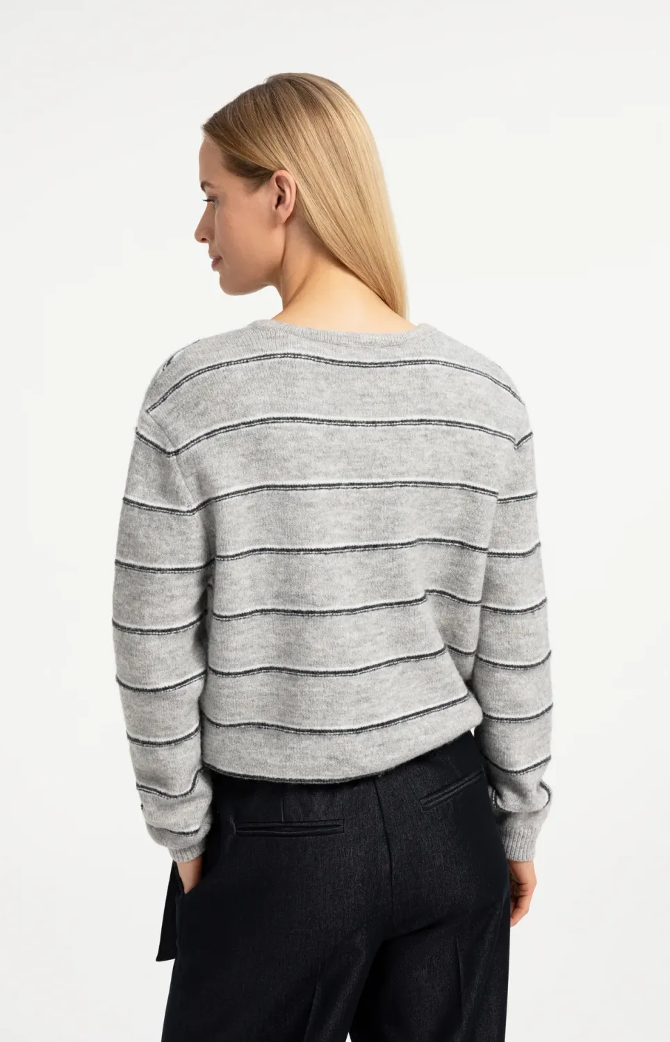 Striped Knitted Cardigan with Tie Detail - Medium Grey Melange