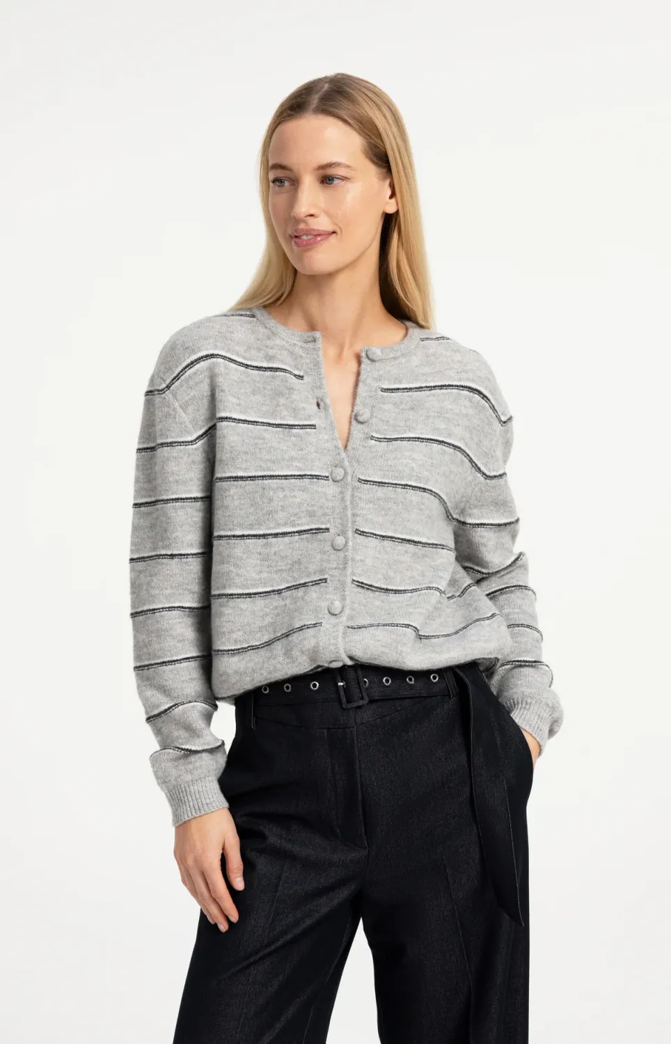 Striped Knitted Cardigan with Tie Detail - Medium Grey Melange