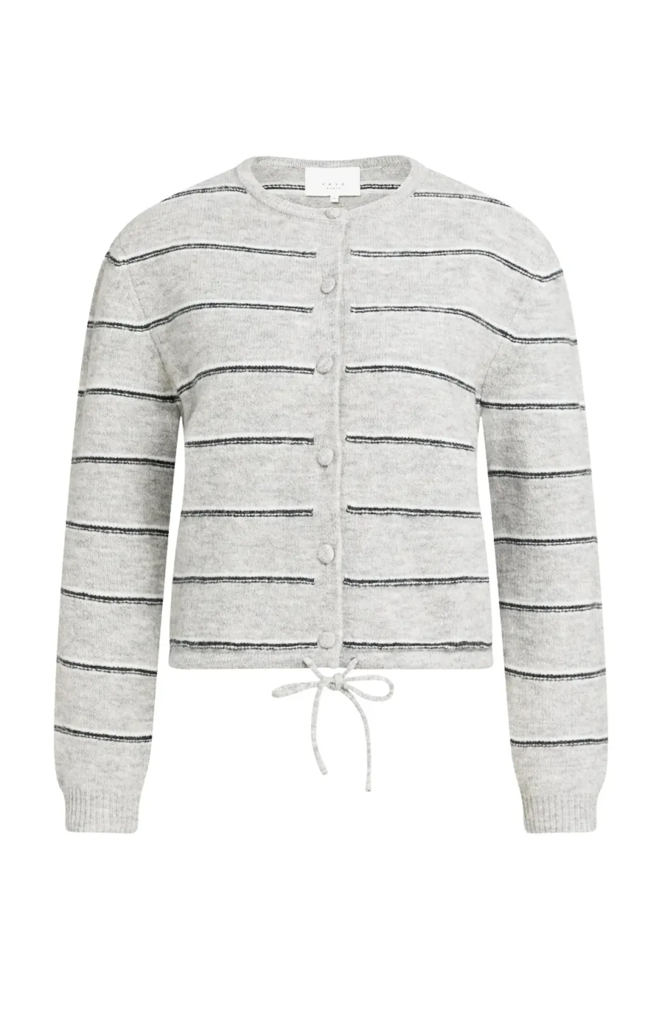 Striped Knitted Cardigan with Tie Detail - Medium Grey Melange