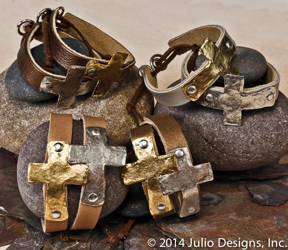 Tecate Hammered Cross On Leather Band Metallic Bracelet