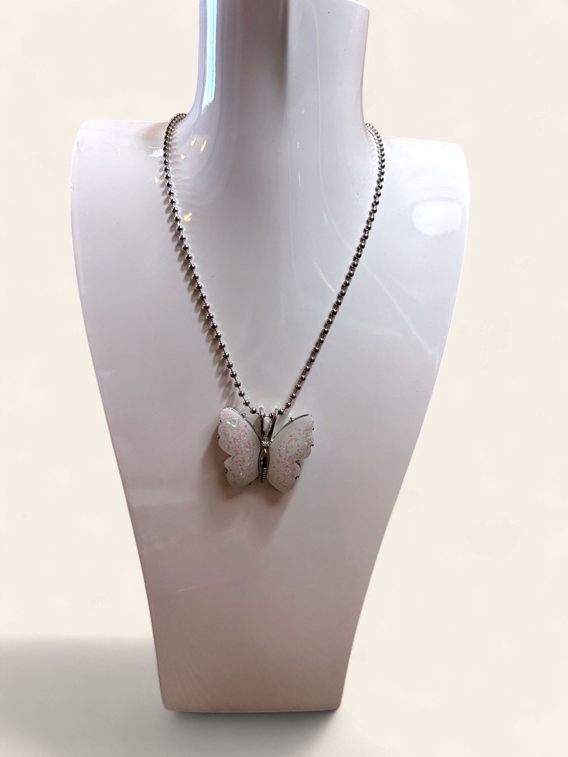 White Iridescent Butterfily Pendent on Silver Chain