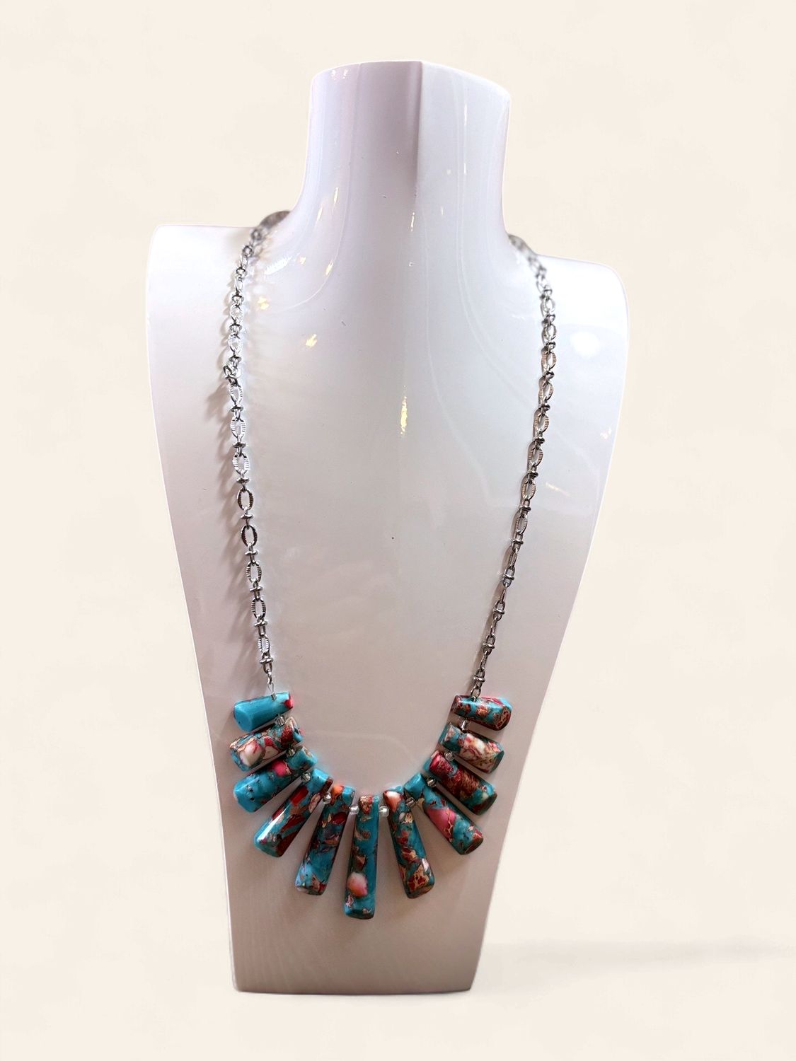 Turquoise and Red Fan Necklace on Silver Chain
