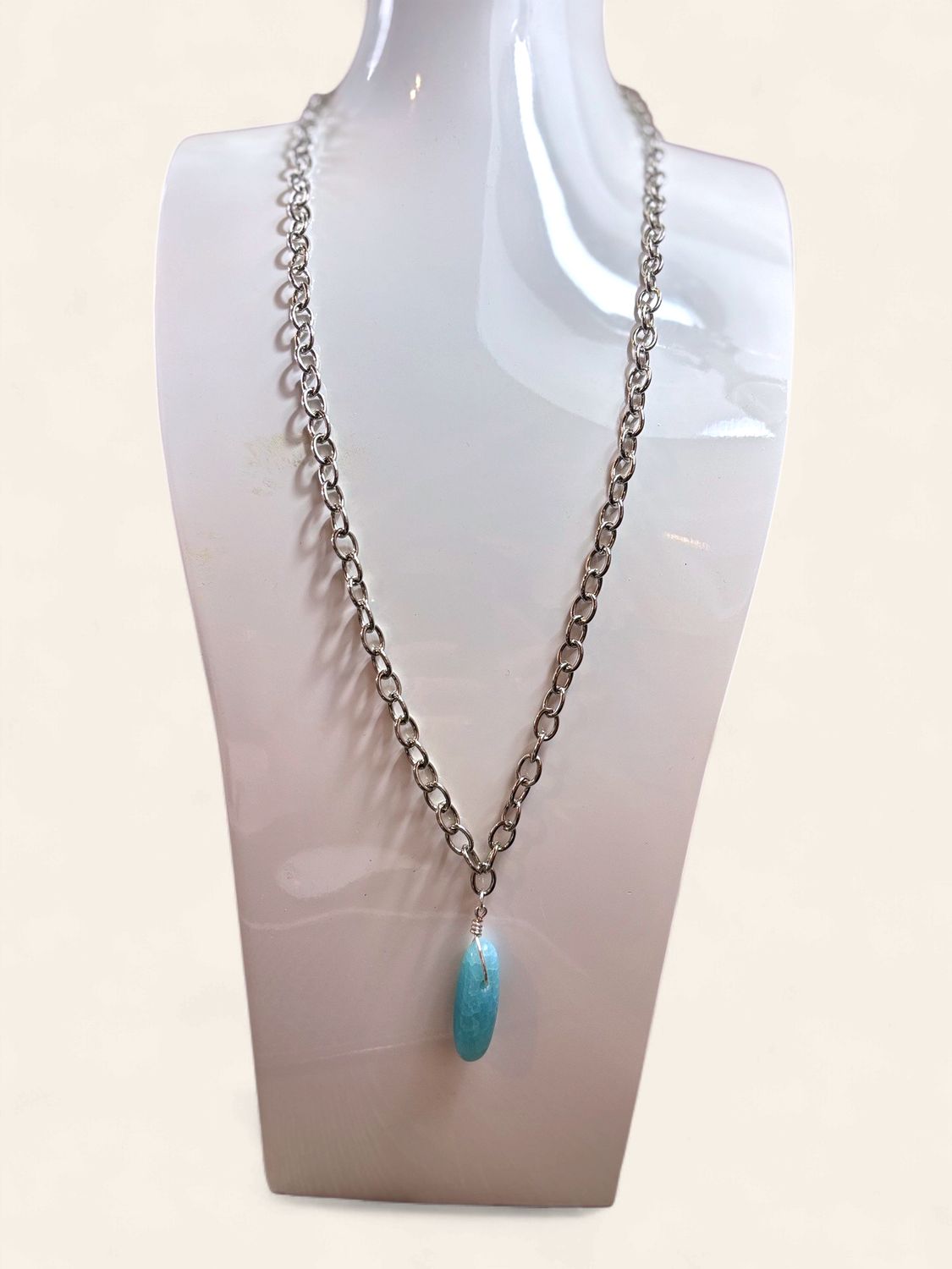 Turquoise Crystal Pendant Necklace on Long Silver Chain