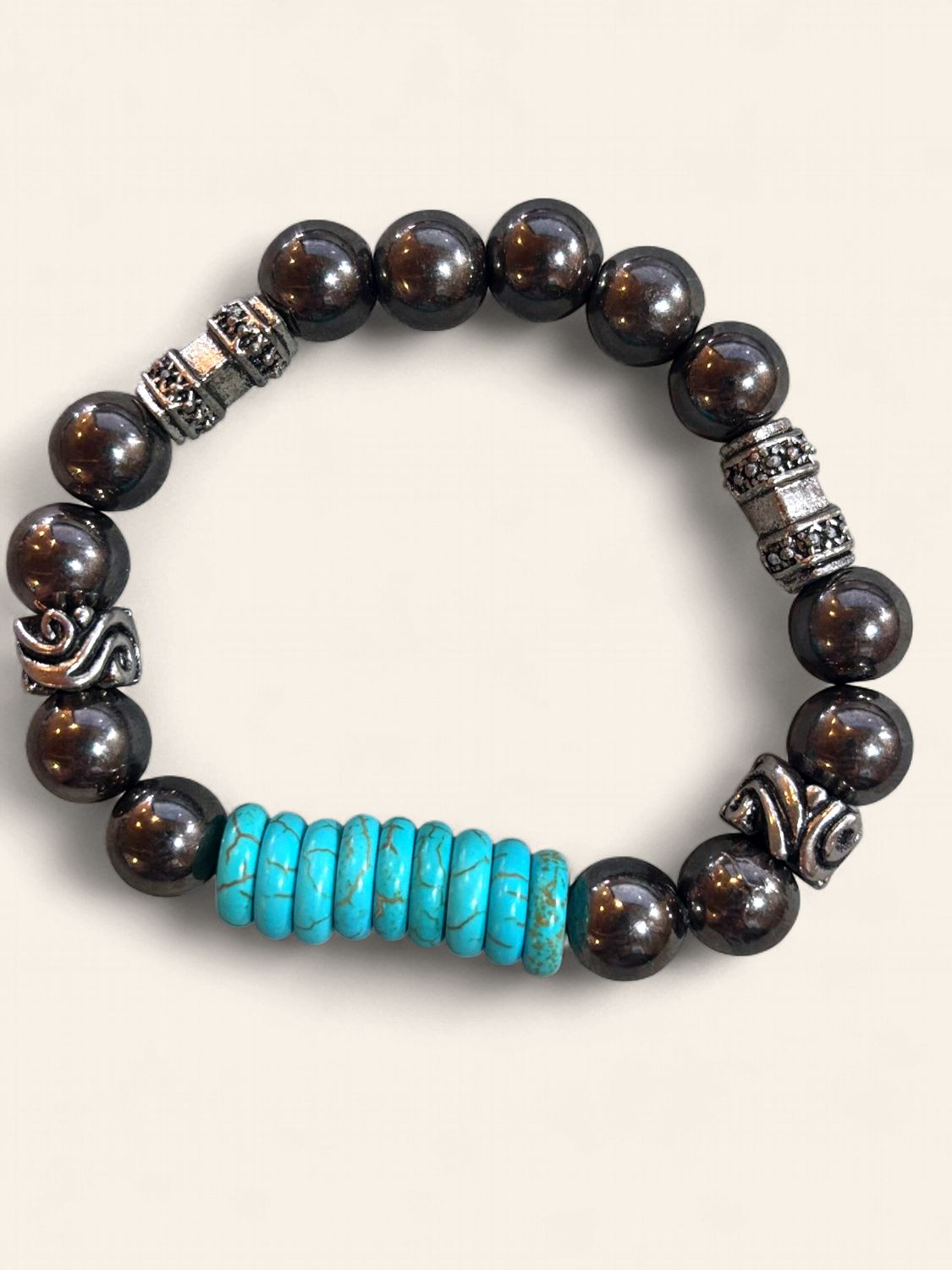 Black Pearl and Turquoise Stretch Bracelet with Decorative Beads