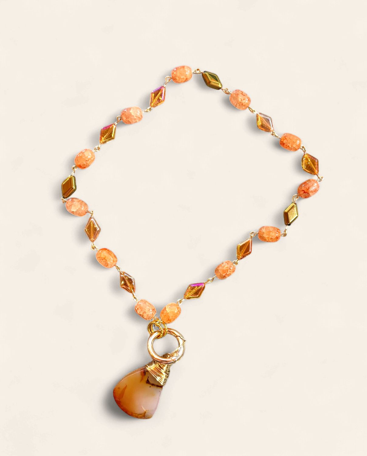 Orange and Peach Crystal Necklace with Stone Pendant