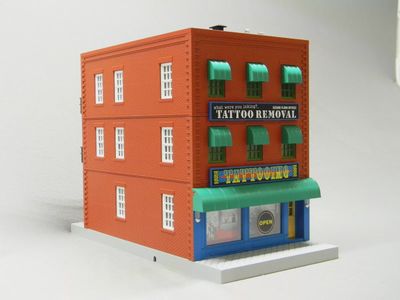 30-90566 - What were you inking - Tattoo Removal? 3-Story City Building w/Fire Escape &amp; Blinking Sign