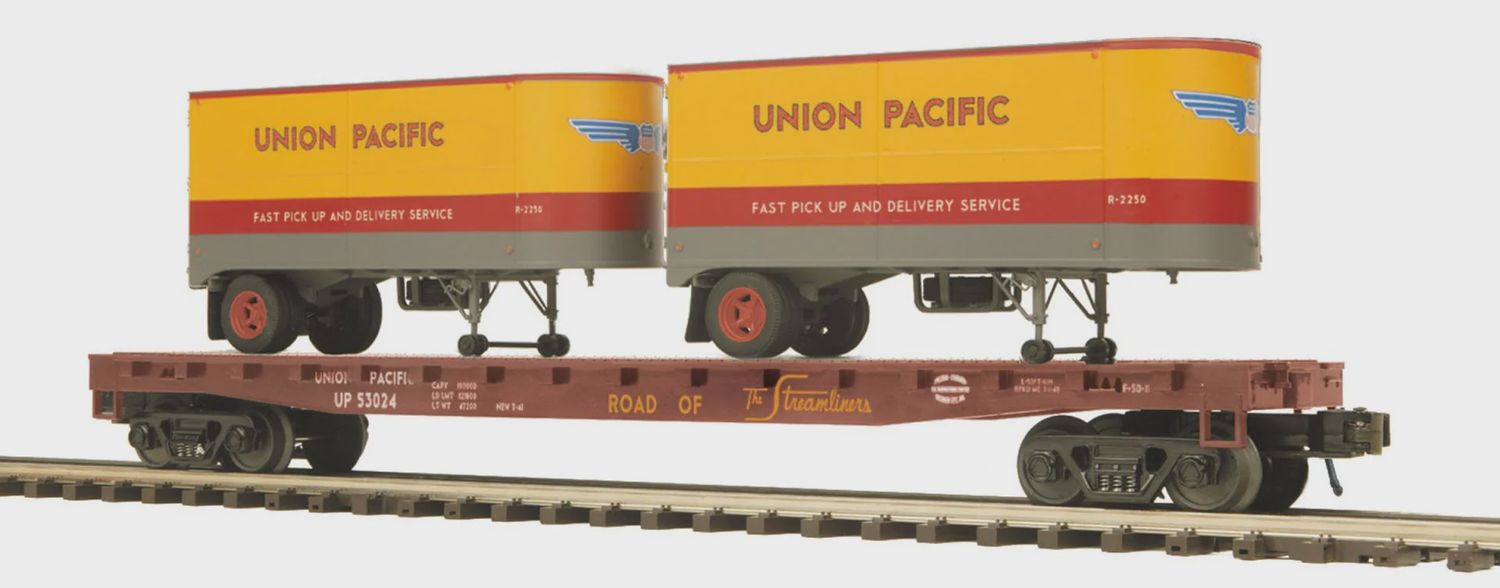 20-98602 - Union Pacific O Scale Premier Flat Car w/(2) PUP Trailers