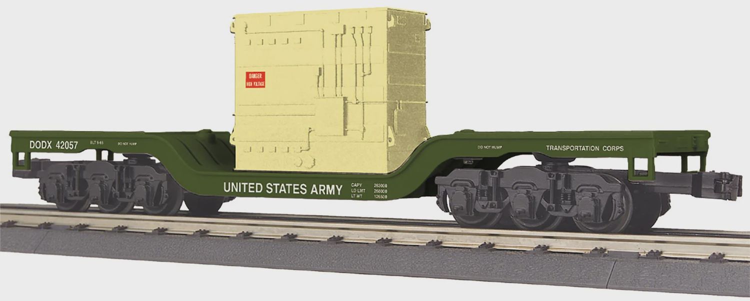 30-76932 - U.S. Army O Gauge RailKing Dep. Center Flat Car w/Transformer Load